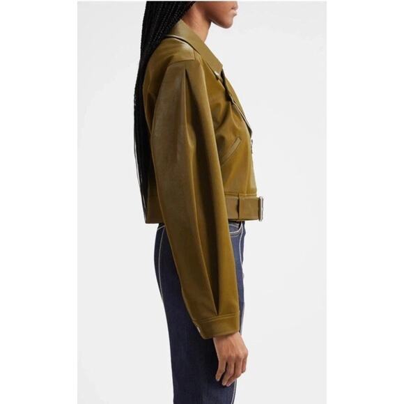 Cinq a Sept Palo Faux Leather Biker Moto Jacket Size Small Olive Green Cropped - Picture 3 of 12